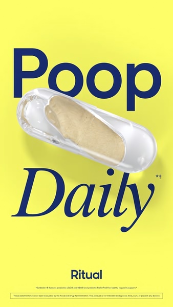 A high-contrast, minimalist advertisement featuring a single probiotic capsule centrally placed against a solid yellow background.